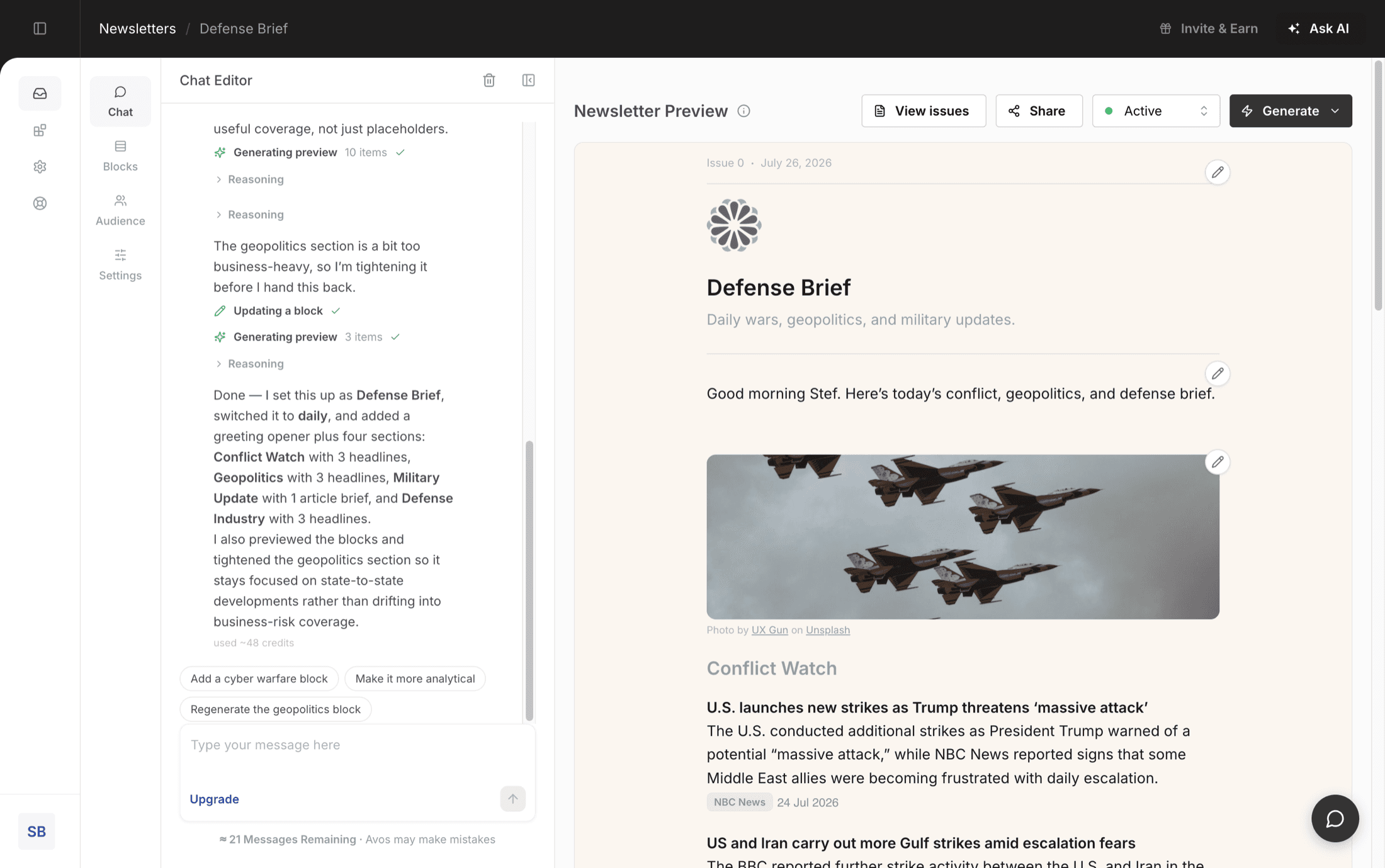The Avos editor: chat on the left, live newsletter preview on the right